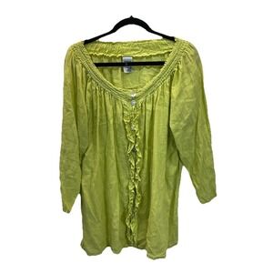 Match Point‎ Smocked Neck T 100% Linen Tunic L oversized artsy USA apple green